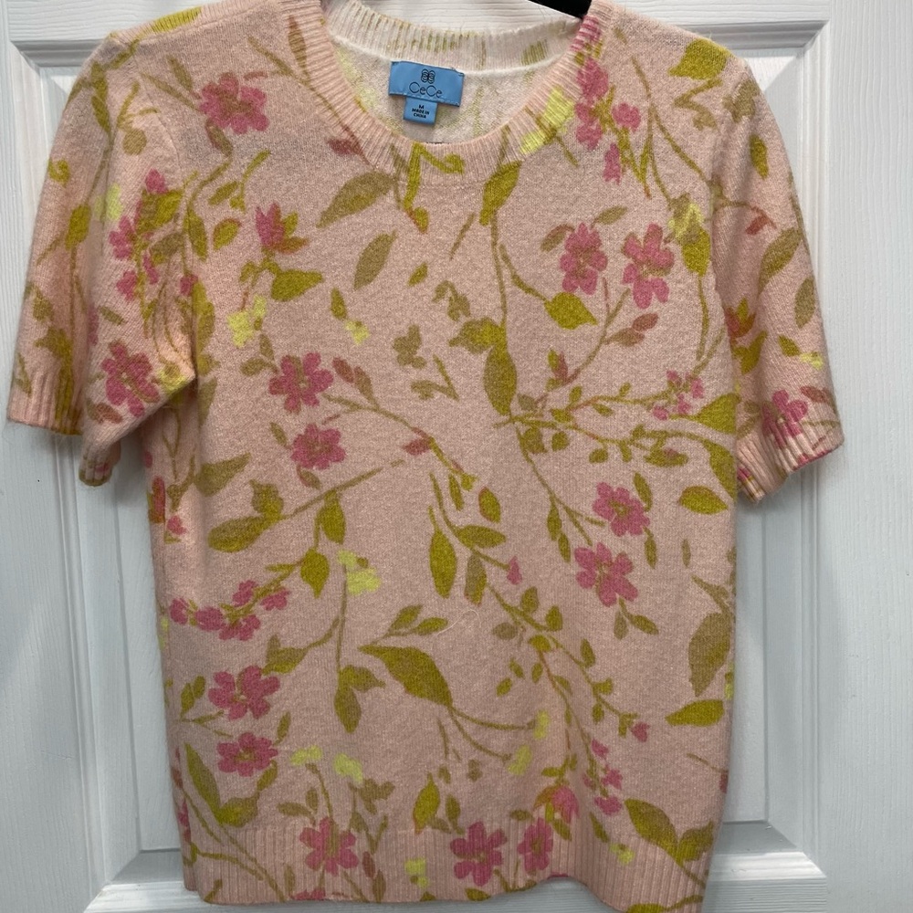 CeCe Pink Floral Crew Neck Sweater